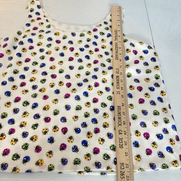 Ann May 100% Silk Ladybug Print Tank Shell Sz L White Multi Novelty Fun Colorful - Picture 8 of 9